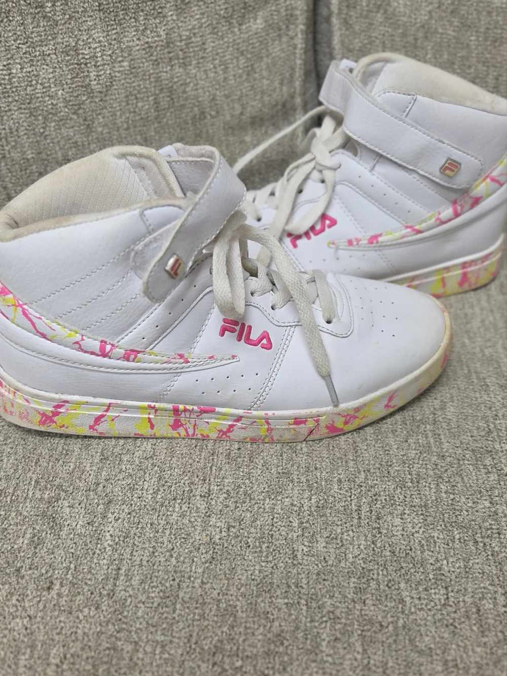 Fila White Kids High-Top Sneakers with Pink and Yellow Accents